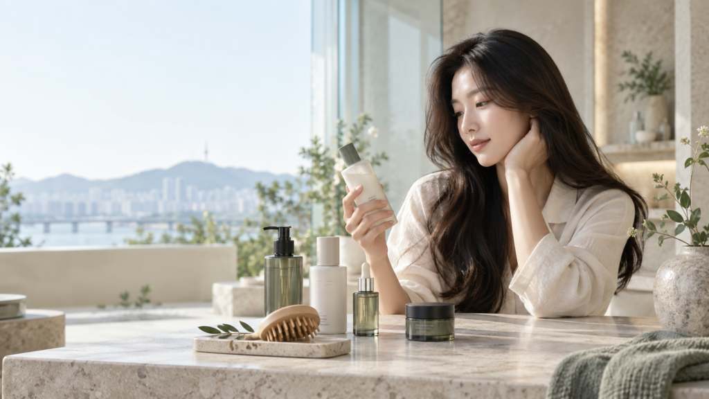 Woman with long dark hair seated beside a bright window with hair care bottles on the table.