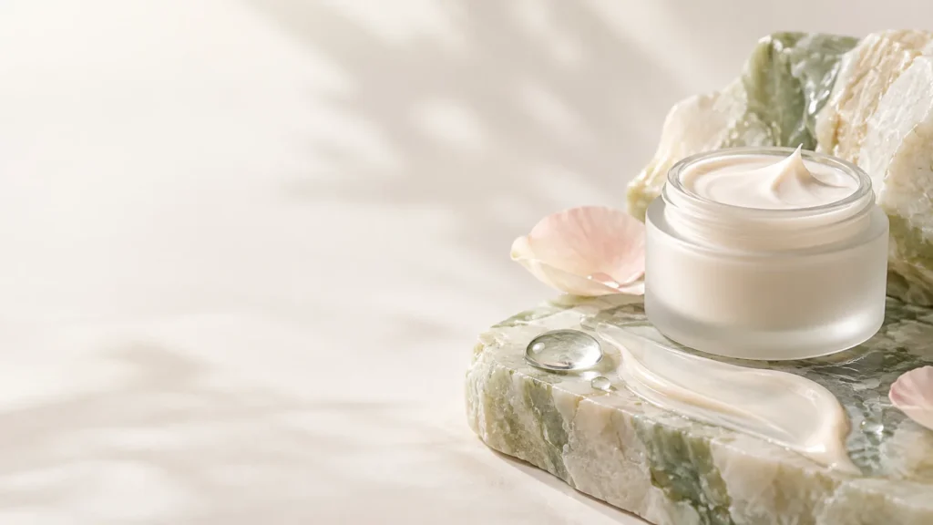 Open moisturizer jar on a stone surface beside pale pink flowers and green leaves.