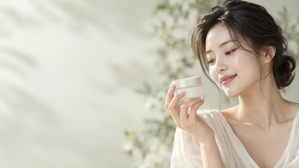 Woman holding a moisturizer jar beside soft green foliage for a Korean skincare guide.