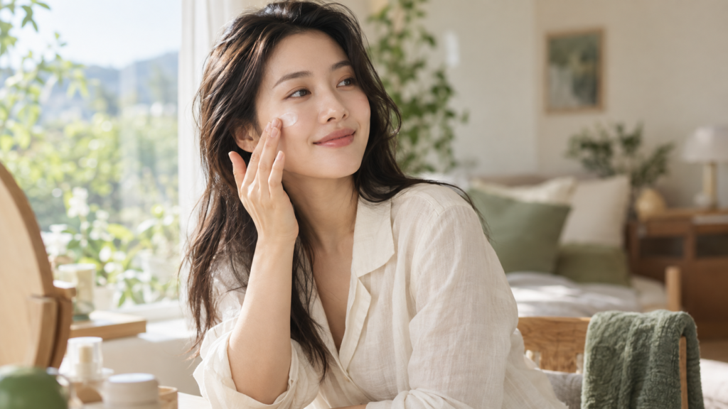 Woman applying moisturizer to her cheek beside a sunlit window.
